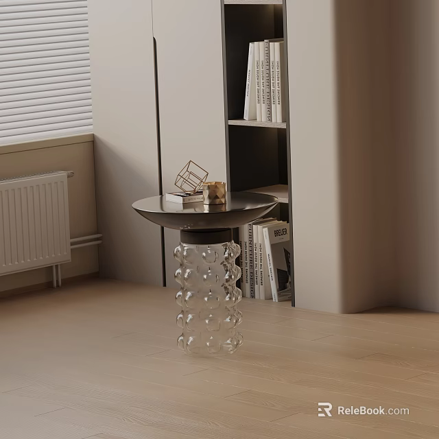 Round Bedside Table with Dark Top Transparent Bubble Design Legs and Bookshelf 3d model 