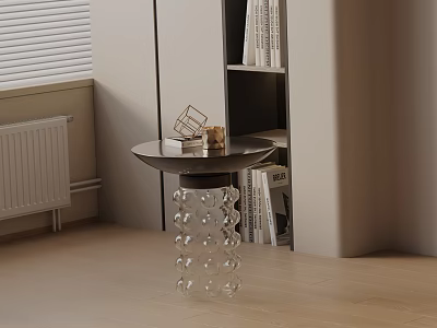 Round Bedside Table with Dark Top Transparent Bubble Design Legs and Bookshelf 3d model