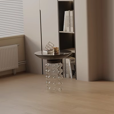 Round Bedside Table with Dark Top Transparent Bubble Design Legs and Bookshelf 3d model