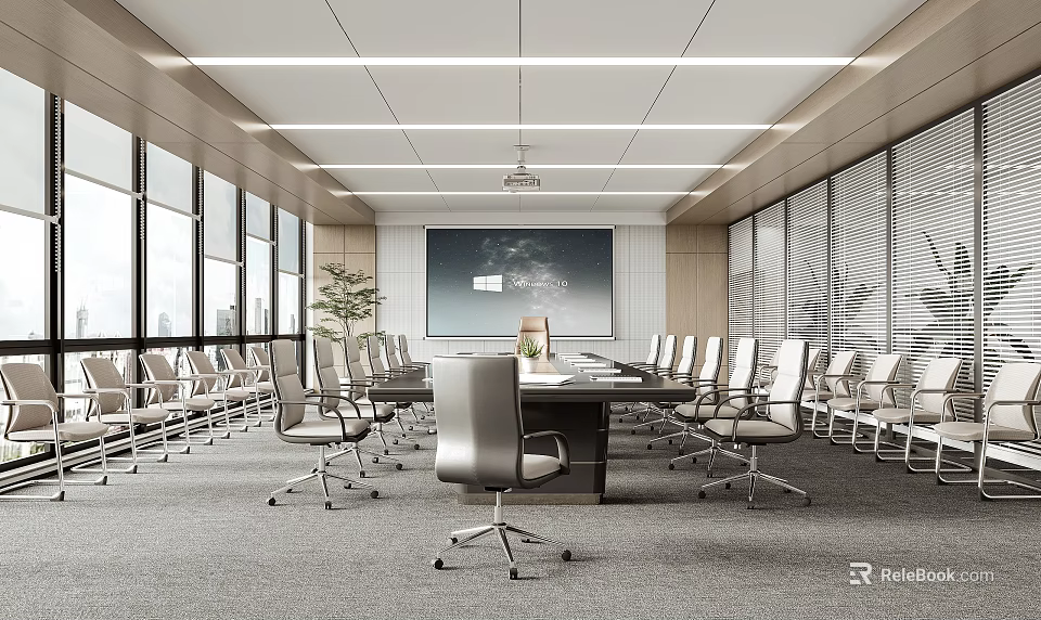 Modern Spacious Conference Room Interior With Large Screen Long Table And Comfortable Chairs 3d model