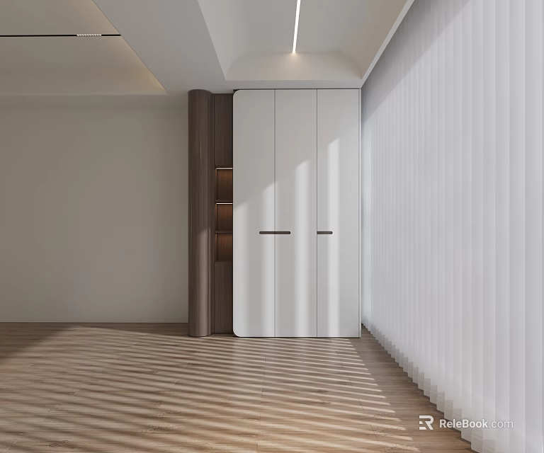 Modern White Balcony Cabinet Design With Wooden Accent And Curtain In Balcony Space 3d model 