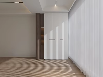 Modern White Balcony Cabinet Design With Wooden Accent And Curtain In Balcony Space 3d model