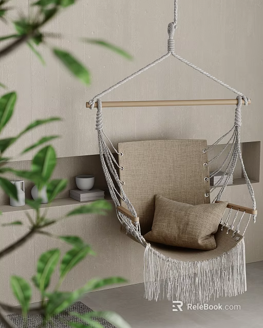 Comfortable Hammock Chair With Macramé Ropes Wooden Bar Linen Cushion Pillow And Green Plant 3d model 