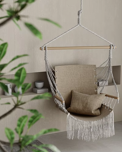 Comfortable Hammock Chair With Macramé Ropes Wooden Bar Linen Cushion Pillow And Green Plant 3d model