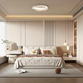 Modern Bedroom Interior With Cozy Bed Pillows Wooden Floor Window Blinds And Wardrobe