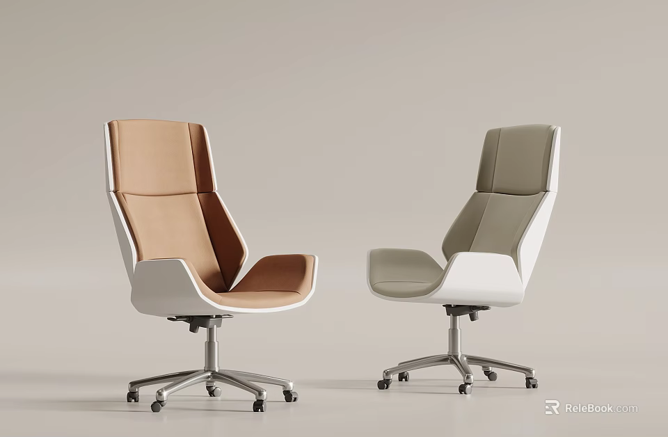 Modern Brown And Gray Office Chairs With Upholstered Seats And Metal Swivel Wheels 3d model 