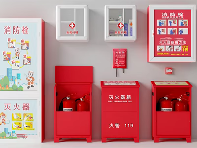 Indoor Wall Mounted Fire Equipment Including Extinguishers Hydrants And Safety Posters 3d model