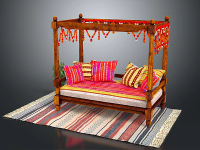 Single Bed With Wooden Frame Hanging Tassels Colorful Striped Pillows And Striped Rug 3d model