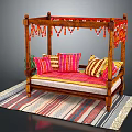 Single Bed With Wooden Frame Hanging Tassels Colorful Striped Pillows And Striped Rug