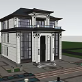 Modern Style Two Story Detached Villa With White Exterior Large Windows And Green Trees