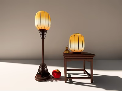 Traditional Chinese Lanterns With Floor Standing And Tabletop Design Near Red Apple 3d model