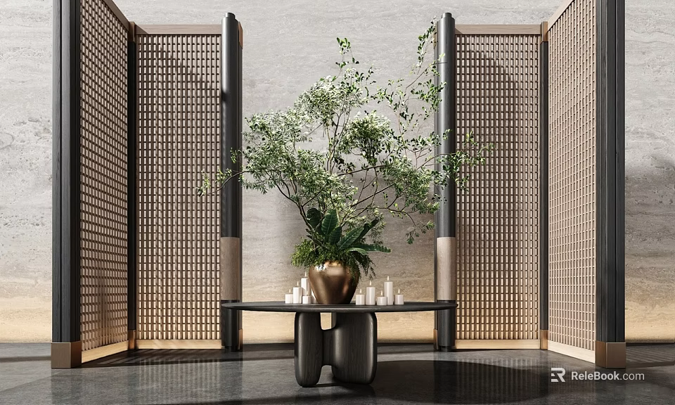 Modern Decorative Ornament Set with Green Plant Vase and Candle Holders in Interior 3d model 