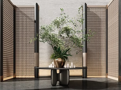 Modern Decorative Ornament Set with Green Plant Vase and Candle Holders in Interior 3d model