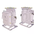 White Industrial Equipment With Square Body Yellow Protrusions Base And Side Interfaces Handles