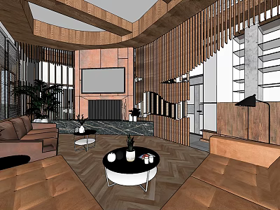 Elegant Hotel Guest Room Interior With Wooden Decor Sofa Coffee Table And Fireplace 3d model