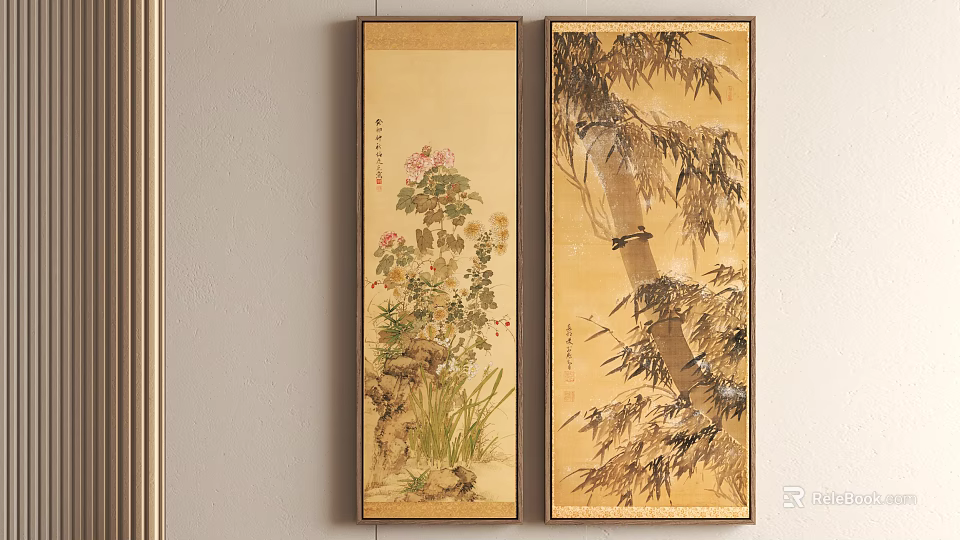Vertical Plant Paintings With Flowers Grass Stones Bamboo And Bird On Golden Background 3d model 