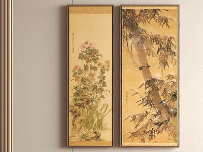 Vertical Plant Paintings With Flowers Grass Stones Bamboo And Bird On Golden Background 3d model