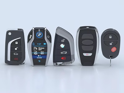Various Design Car Keys With Different Buttons And Logos 3d model