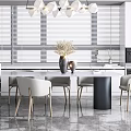 Modern Dining Table Set With White Chairs Marble Top And Pendant Lights 3d model