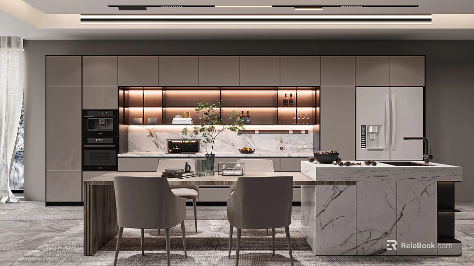 Modern Restaurant Interior With Marble Island Dining Table Chairs Cabinets And Lighting 3d model 