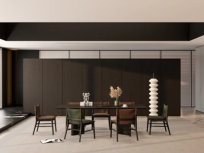 Elegant Modern Restaurant Interior With Dark Walls Dining Table Chairs Vase And Floor Lamp 3d model