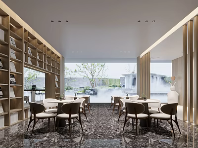 Modern Sales Office Interior With Wooden Bookshelves Dining Tables Marble Floor And Outdoor Garden View 3d model