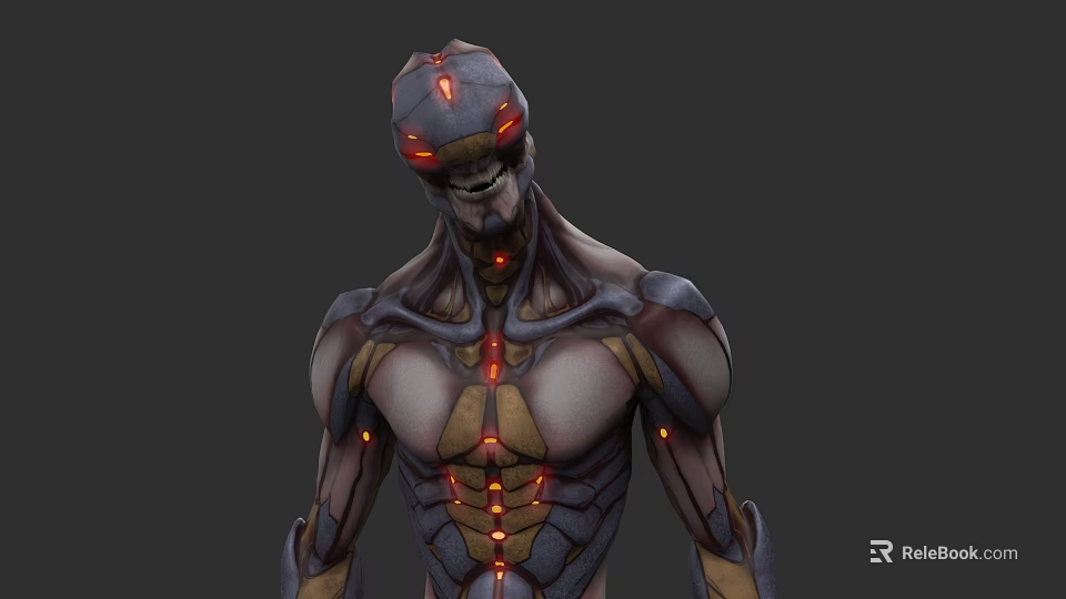 Sci Fi Humanoid Creature Character Featuring Red Glowing Lines Skeleton Face And Muscular Build 3d model 