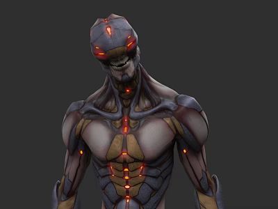Sci Fi Humanoid Creature Character Featuring Red Glowing Lines Skeleton Face And Muscular Build 3d model