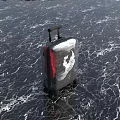 Transparent Suitcase With Red And Black Sneakers Inside On Water Surface