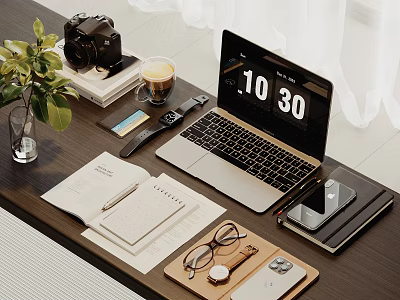 Organized Work Desk Setup With Laptop Coffee Camera Notebook And Green Plant 3d model