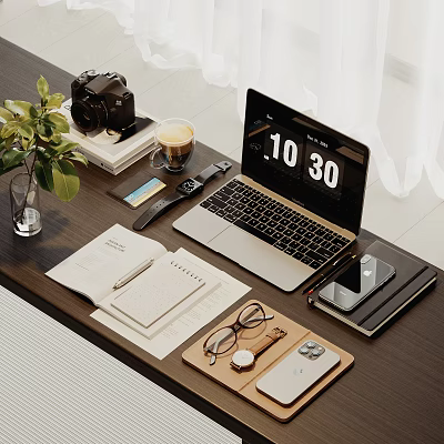 Organized Work Desk Setup With Laptop Coffee Camera Notebook And Green Plant 3d model