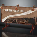 Vintage Truck Diner Signage Furniture With Bulb Decorations Graphic Brown Background White Wavy Stripe
