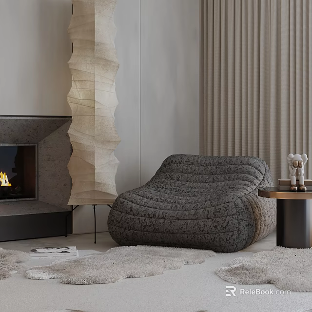 Modern Textured Fabric Lounge Chair With Fireplace Designer Floor Lamp And Beige Curtains 3d model 