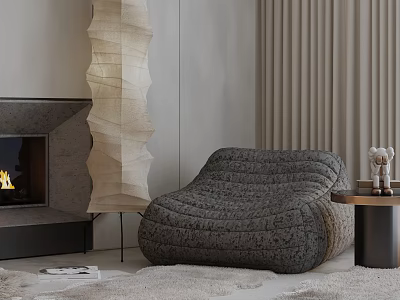 Modern Textured Fabric Lounge Chair With Fireplace Designer Floor Lamp And Beige Curtains 3d model