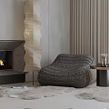 Modern Textured Fabric Lounge Chair With Fireplace Designer Floor Lamp And Beige Curtains