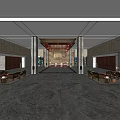 Luxurious Hotel Lobby Interior With Chinese Style Landscape Wall And Red Decorative Ceiling