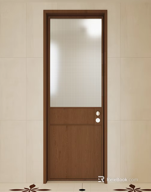 Brown Wooden Door with White Grid Glass Panel and Round Handles in Tile Wall Interior 3d model 