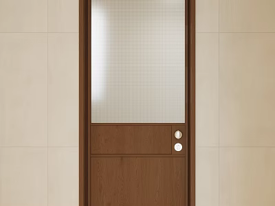 Brown Wooden Door with White Grid Glass Panel and Round Handles in Tile Wall Interior 3d model