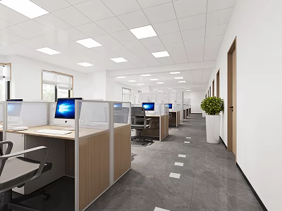 Modern Public Office Space Interior With Cubicles Computers Desks Chairs Ceiling Lights And Potted Plant 3d model