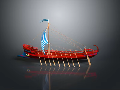 Red Ship Model With Blue And White Flag And Wooden Oars 3d model