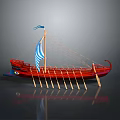 Red Ship Model With Blue And White Flag And Wooden Oars