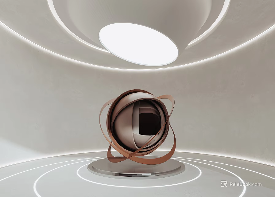 Modern Metal Sculpture With Spherical Winding Structure Circular Base And Annular Light Decoration 3d model 