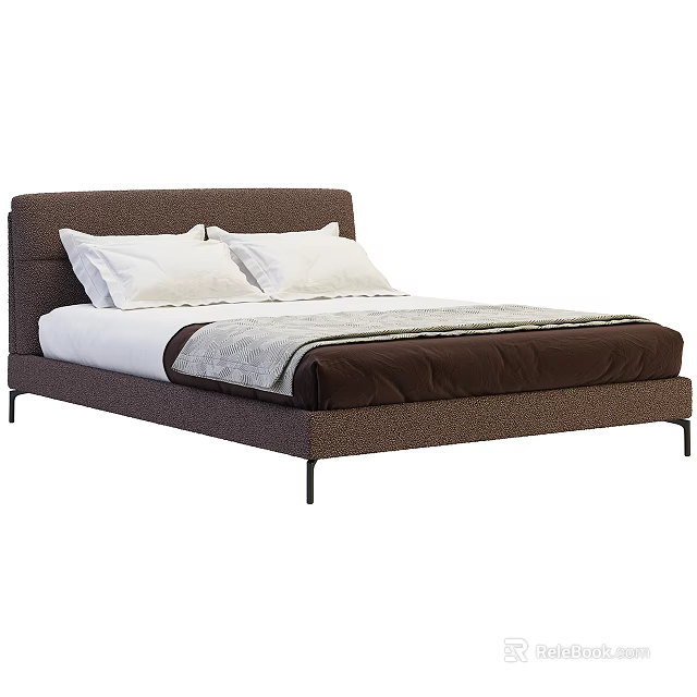 Modern Style Double Bed With Brown Upholstered Headboard White Pillows And Brown Blanket 3d model 