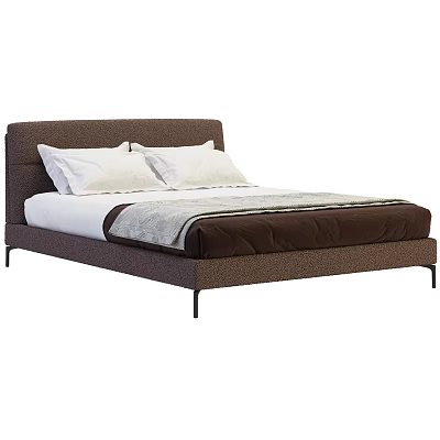 Modern Style Double Bed With Brown Upholstered Headboard White Pillows And Brown Blanket 3d model