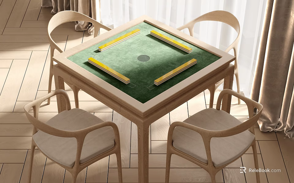 Modern Wooden Entertainment Table With Green Surface Yellow Strips And Light Upholstered Chairs 3d model 