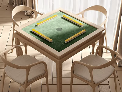 Modern Wooden Entertainment Table With Green Surface Yellow Strips And Light Upholstered Chairs 3d model