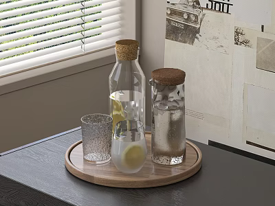 Glass Cups And Cork Bottles On Wooden Tray With Lemon Slices And Water By Window 3d model