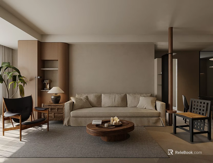 Modern Living Dining Room Interior With Beige Sofa Wooden Coffee Table Chairs And Indoor Plant 3d model 