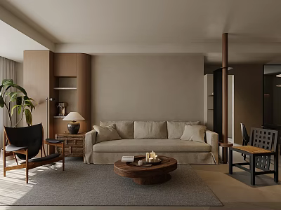 Modern Living Dining Room Interior With Beige Sofa Wooden Coffee Table Chairs And Indoor Plant 3d model