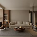 Modern Living Dining Room Interior With Beige Sofa Wooden Coffee Table Chairs And Indoor Plant